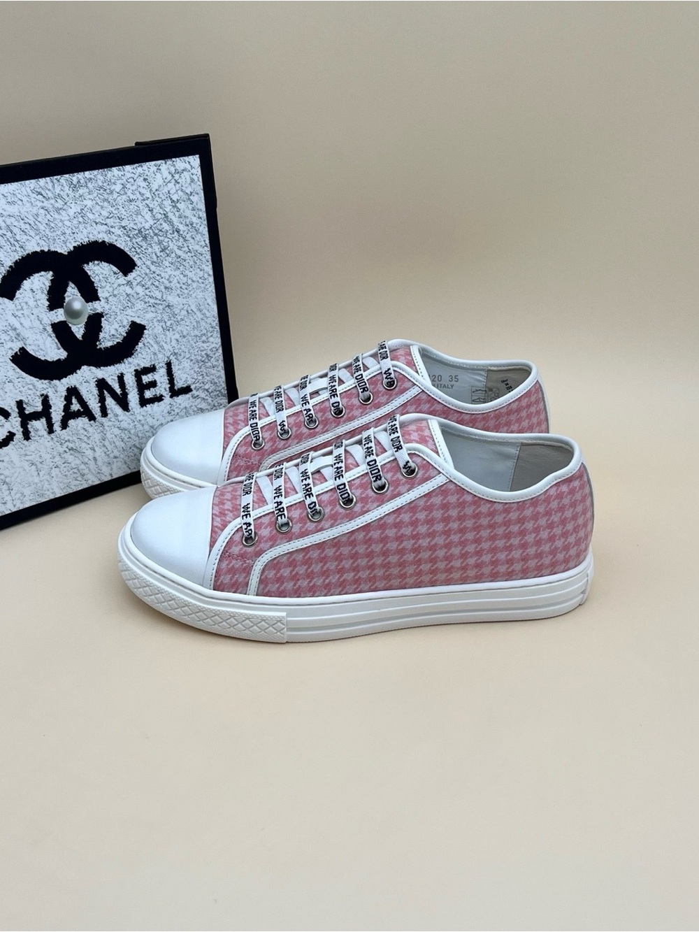 Dior Pink Houndstooth Low-Top Sneakers with White Trim